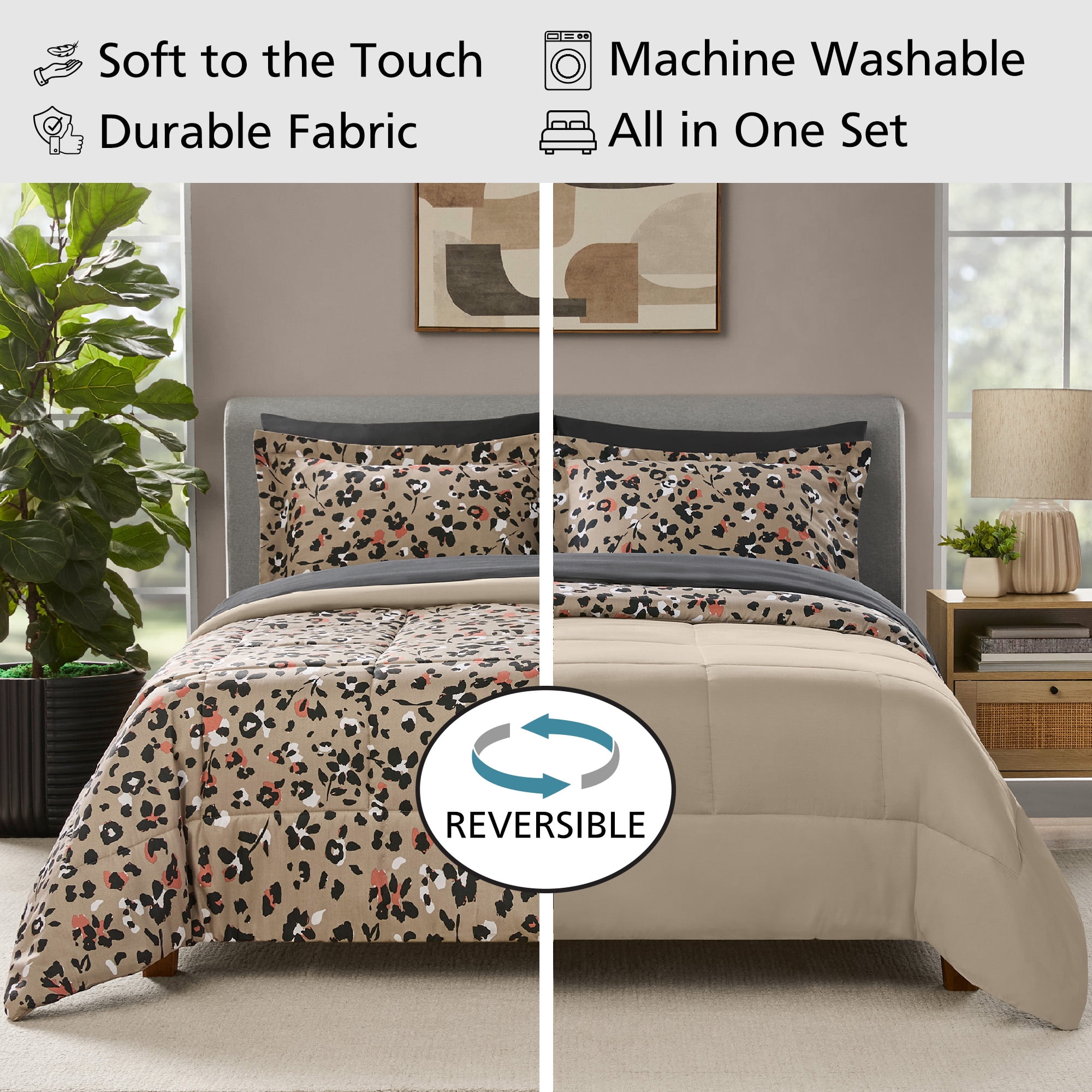 Mainstays 5-Piece Reversible Bed in a Bag Comforter Set with Sheets, Beige Animal Print