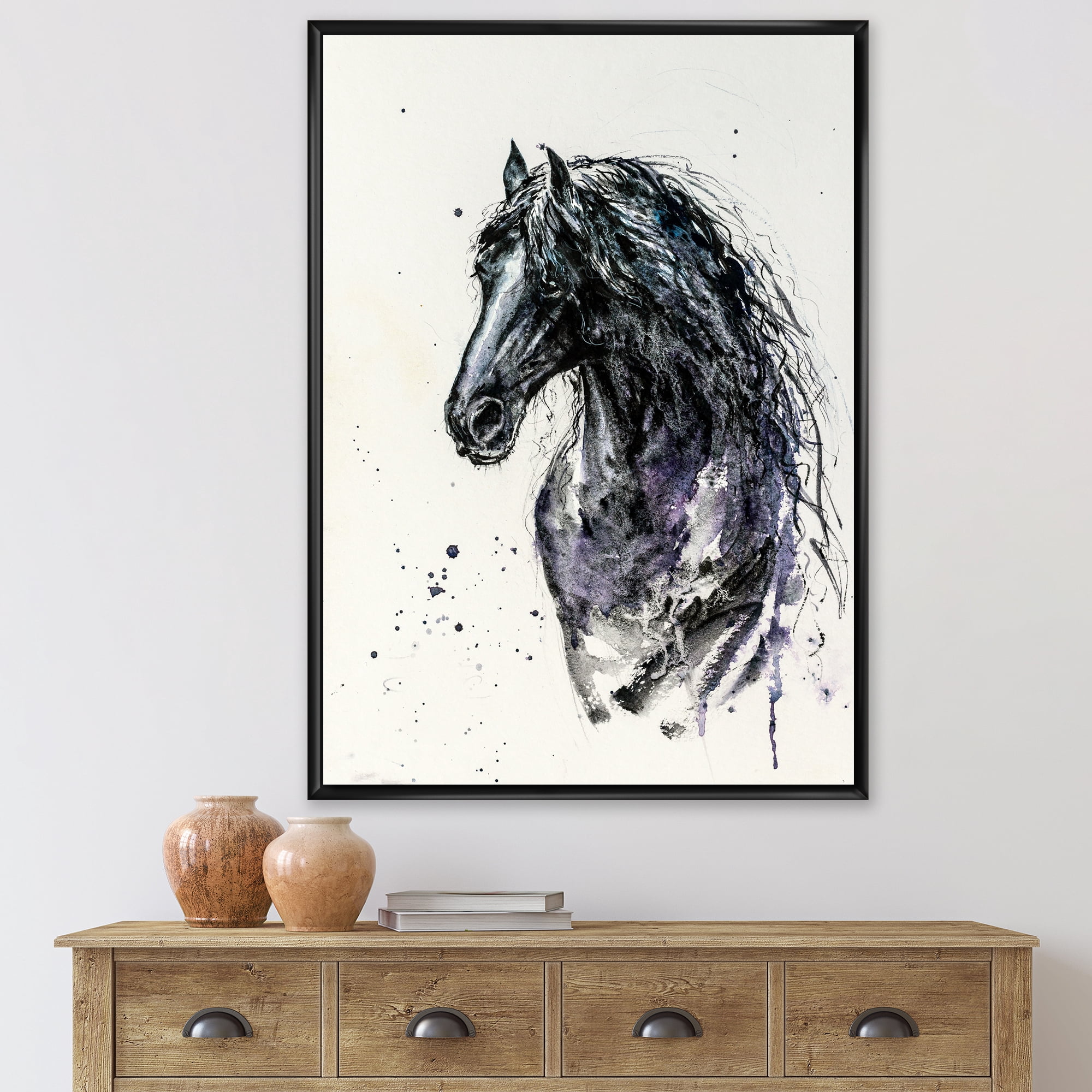 Designart 'Close Up of Friesian Horse With Long Manes' Farmhouse Framed Canvas Wall Art Print
