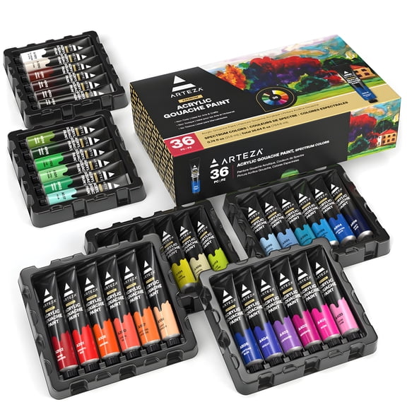 Arteza Acrylic Gouache Paint, Matte Finish, Multicolor, Set of 36, 22 mL