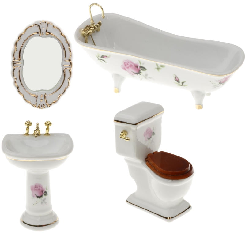 Mini Doll House Furniture Bathroom Set Toilet Sink Mirror Tub Made in Hong Kong 
