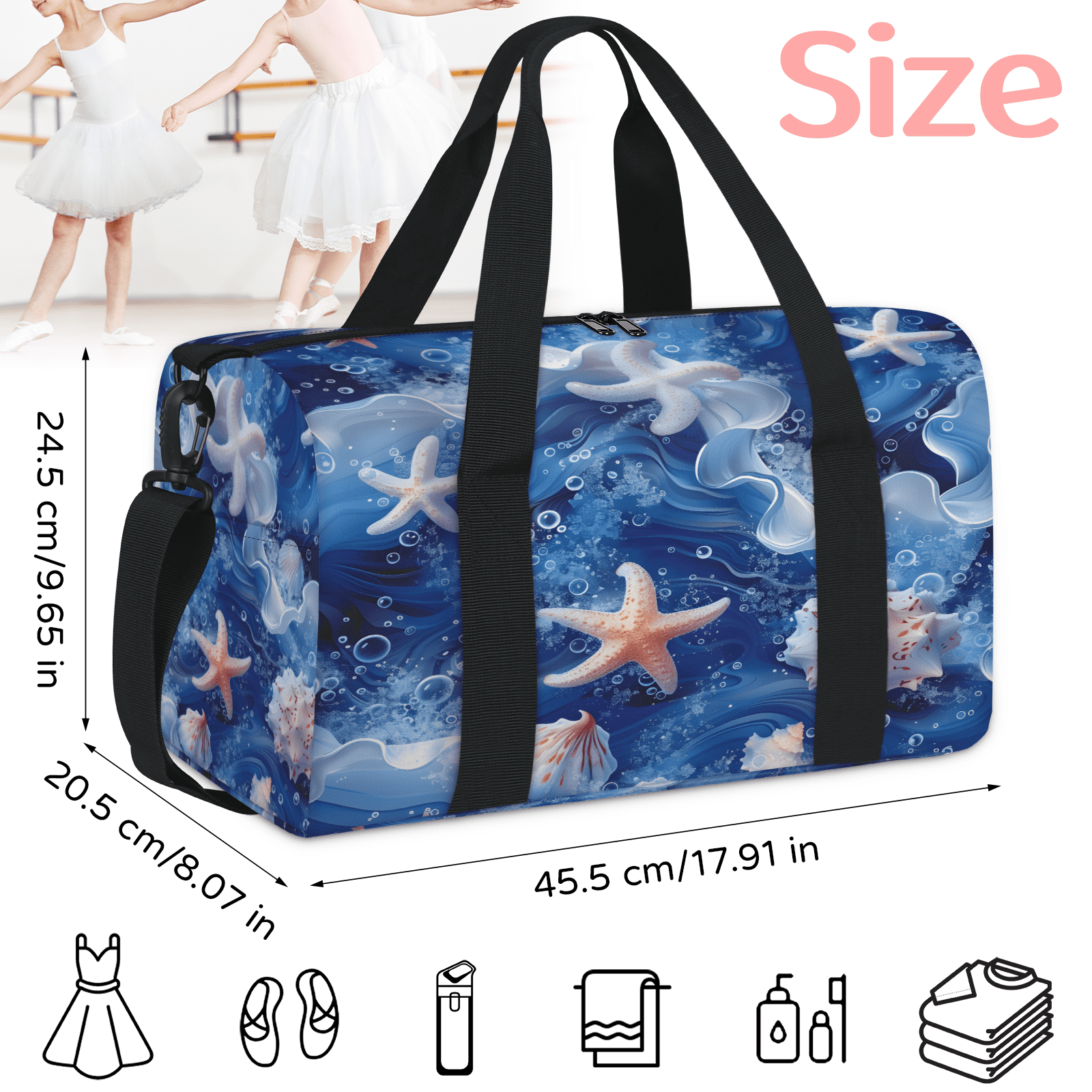 Herdesigns Beach Coastal Nautical Gym Bag for Women, Duffle Bag for Travel Sport, Shell Lightweight Waterproof Carry on Weekender Dance Yoga Workout Bags