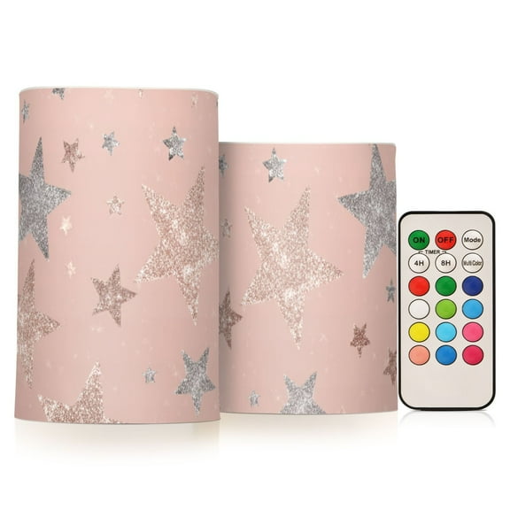 Rose Gold Glitter Stars Flickering Flameless Candles LED Tealight Battery Operated with Remote Set of 2 Holiday Decor Ornaments