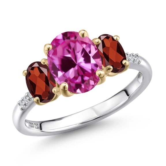 Gem Stone King 925 Silver and 10K Yellow Gold Pink Created Sapphire and Red Garnet and Lab Grown Diamond Engagement Ring for Women | 2.20 Cttw | Oval 9X7MM | September Birthstone | Size 6