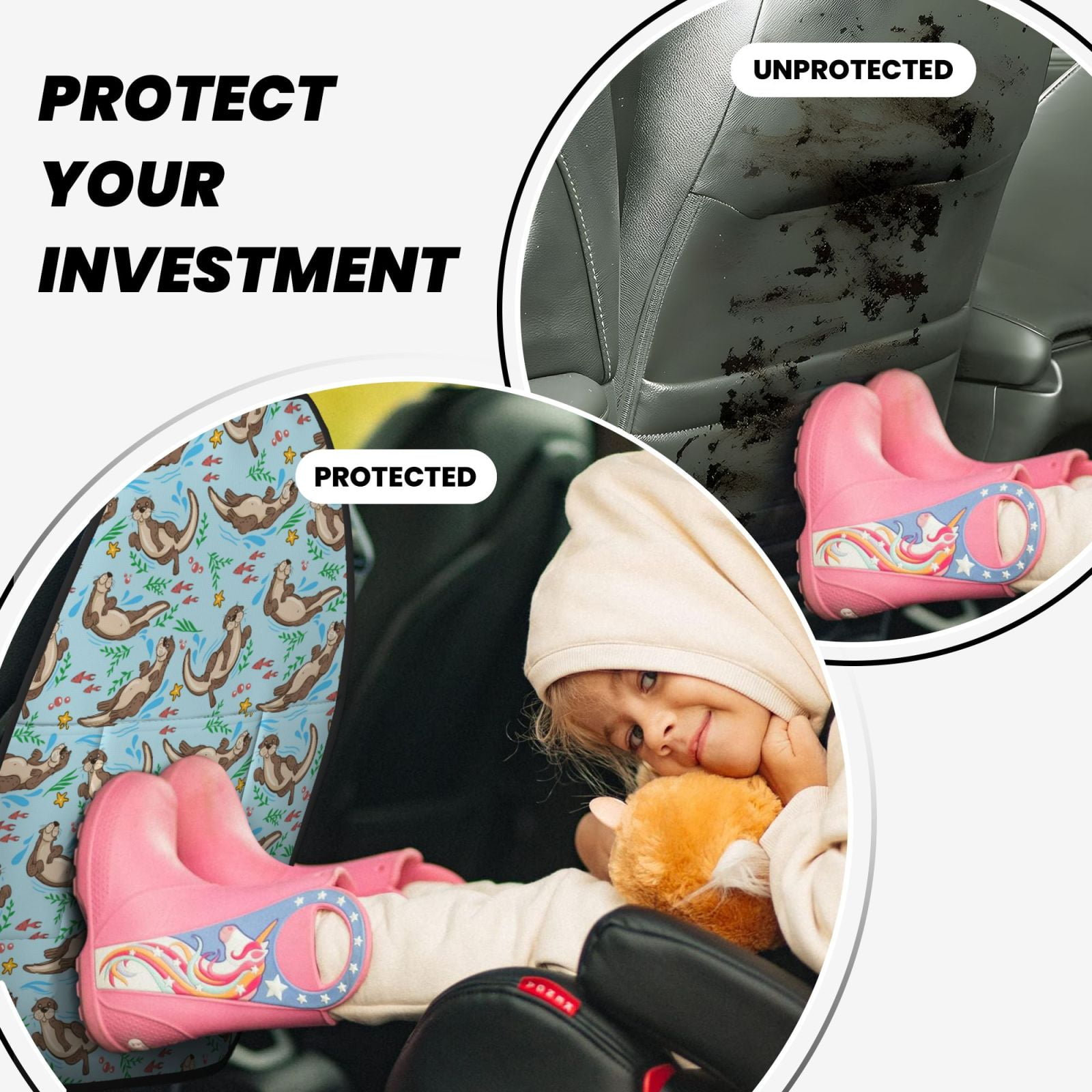 Xecao Cute Otters Pattern Car Seat Back Protector 2 Pack Large Capacity Pocket, Kick Mats Back Seat Protector