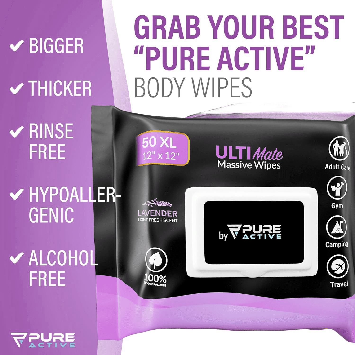Showerless Body Wipes for Women Deodorant Wipes Women - 50 XL 12"x12" Lavender Rinse-Free Body Wipes - Rinse Free Face Wipes Deodorant Wipes for Gym Travel Camping Shower Adult Bathing Wipes