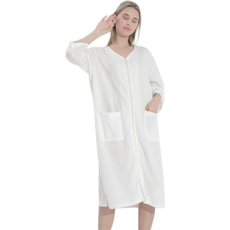 

Women S Zipper Nightgown Full Length Pajamas Cotton Loose Loungewear Half Sleeves & 3/4 Sleeves Loungewear With Pockets