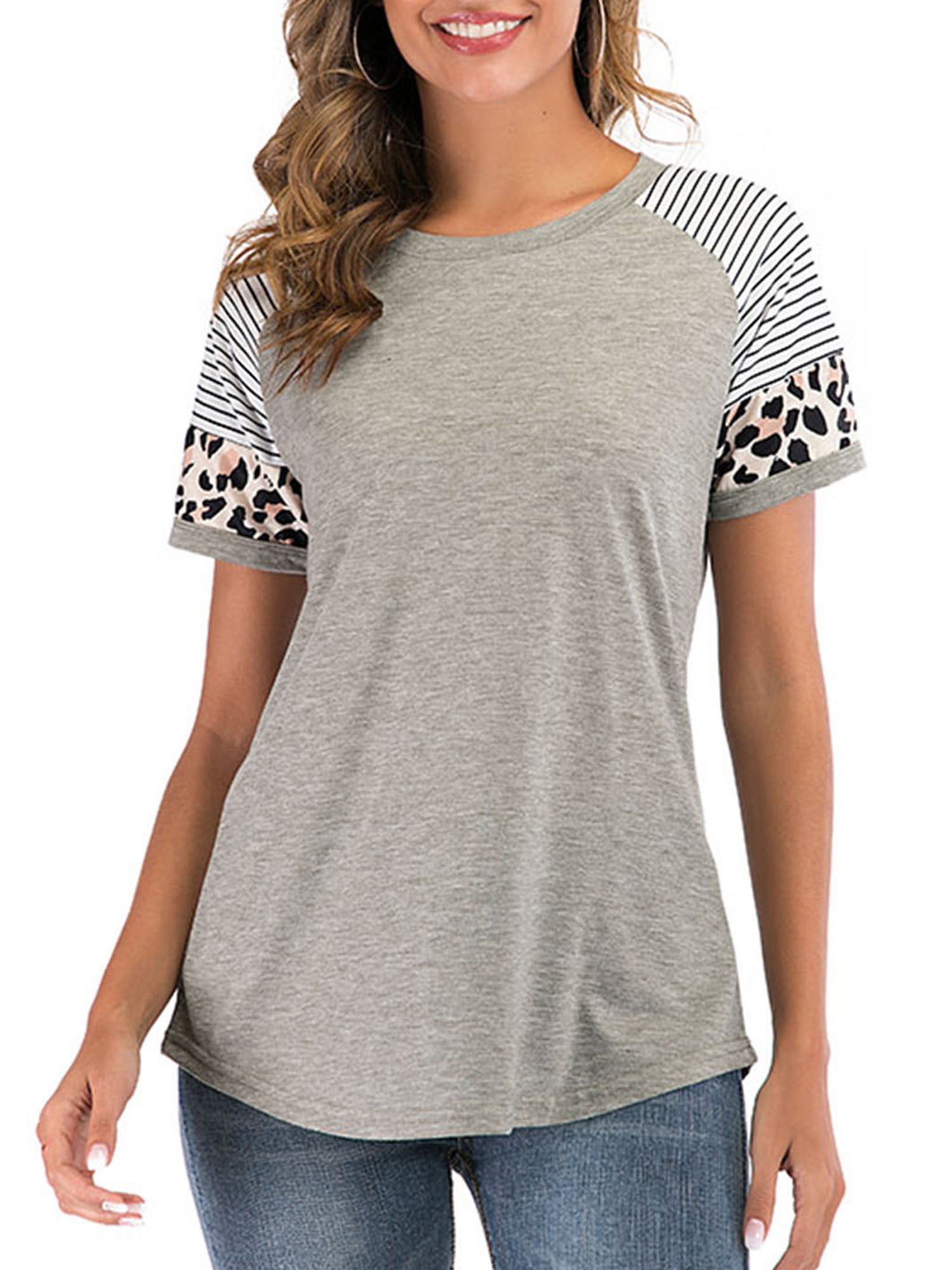 Women's Faith Over Fear Tshirt Leopard Print Color Block Tunic Round Neck Long Sleeve Shirts Striped Blouses Tops