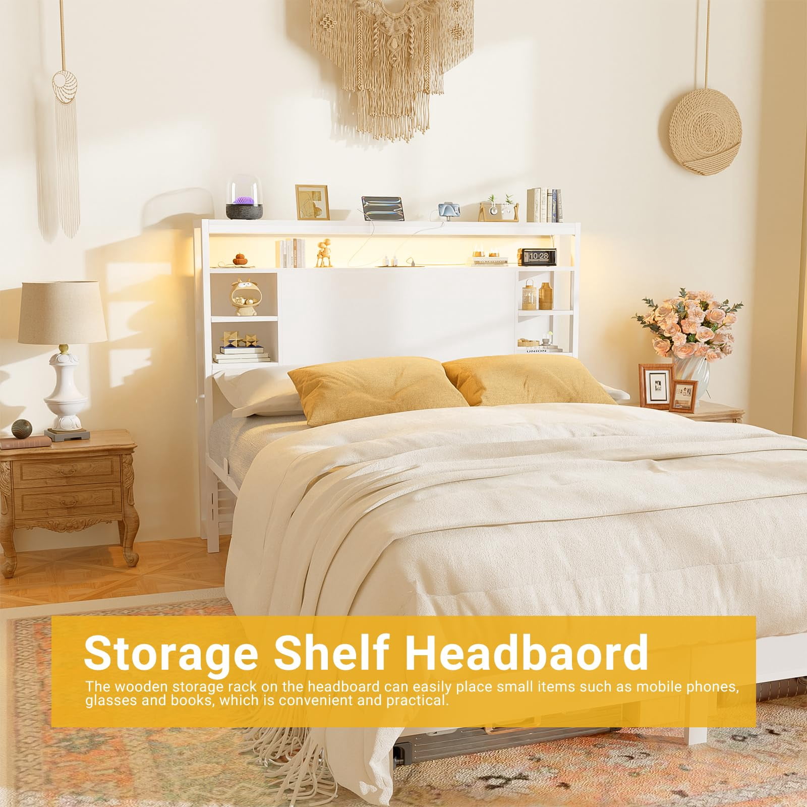 Aheaplus Full Size Headboard with Storage, Outlets & RGB LED Light - Sturdy & Stable Head Board for Bedroom, White - Perfect for Full Size Bed, Dorm Room, and Guest Room