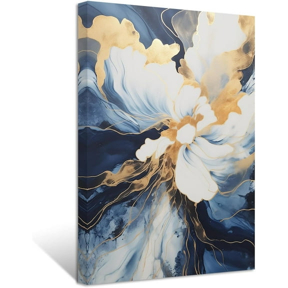 ZHONGYUTONG Blue Golden White Flowers Wall Decor Abstract Navy Blue and Gold Picture Painting Luxury Floral Canvas Prints Modern Home Decor Artwork (12.00" x 18.00")