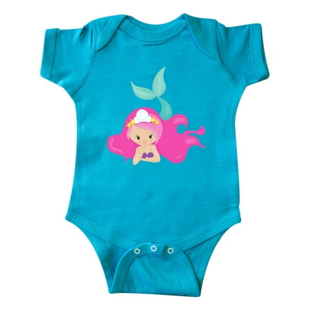 

Inktastic Cute Mermaid Pink Hair Green Tail Gift Baby Girl Bodysuit