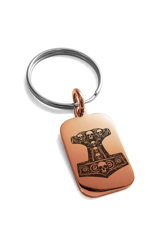 Stainless Steel Mjolnir Thor's Black Skull Hammer Engraved Small Rectangle Dog Tag Charm Keychain Keyring