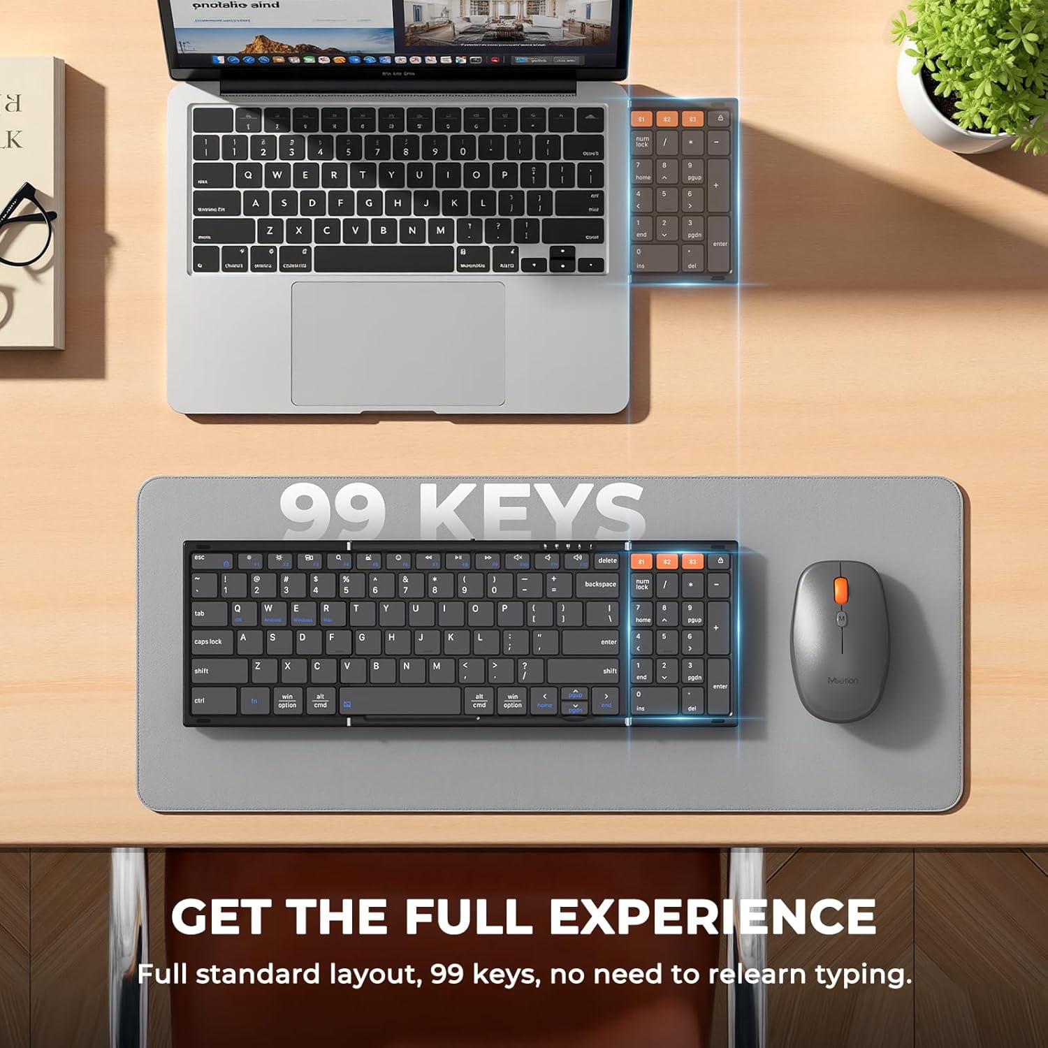 Meetion Foldable Keyboard and Mouse, Bluetooth, Portable, Rechargeable, 3-Device for Win/Mac/iOS/Android