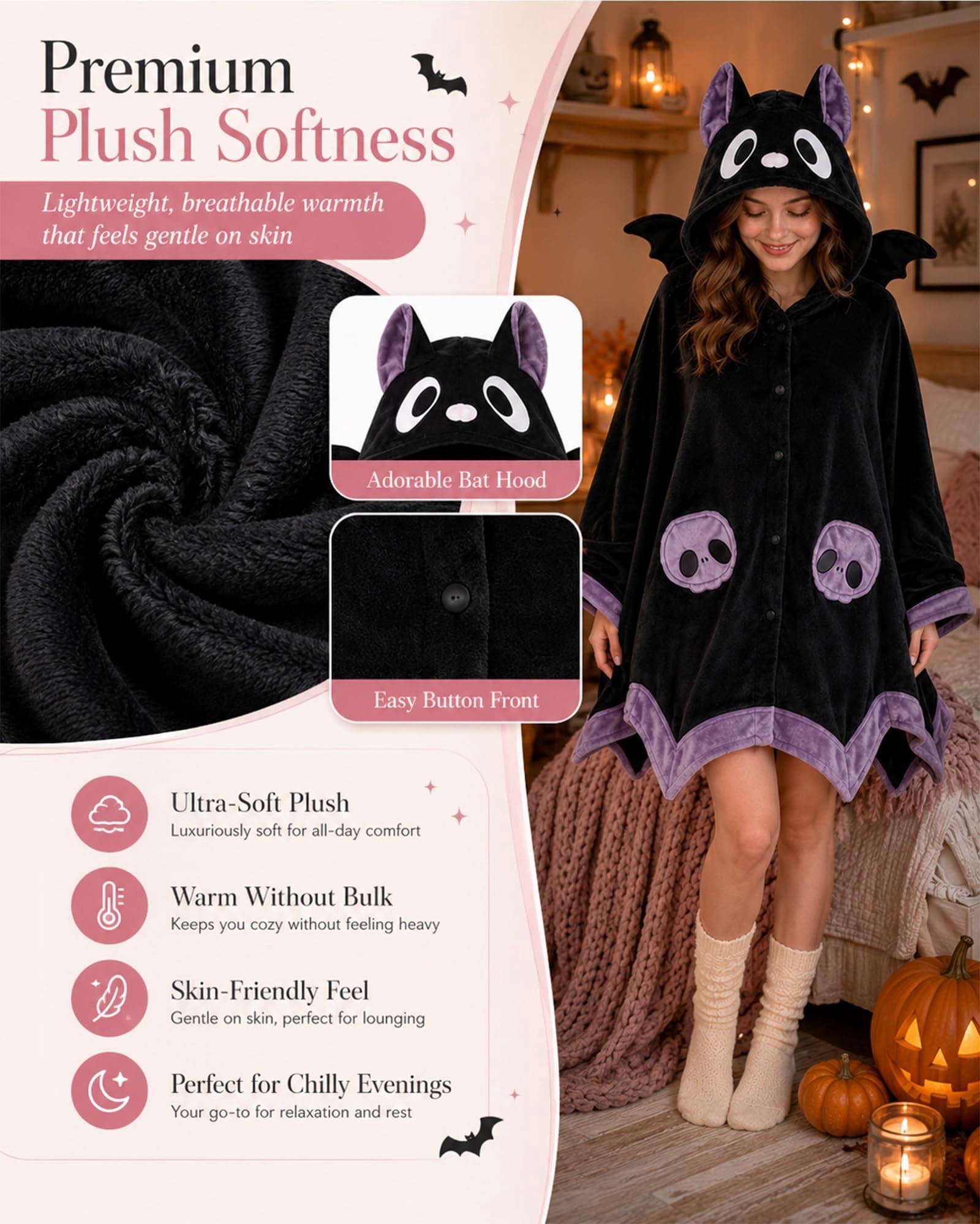 Bat Snug Bat Blanket Bat Hoodie Wearable Blanket Hoodie Throw Halloween Plush Fleece Oversized Soft Warm Cozy Adult Women Gift