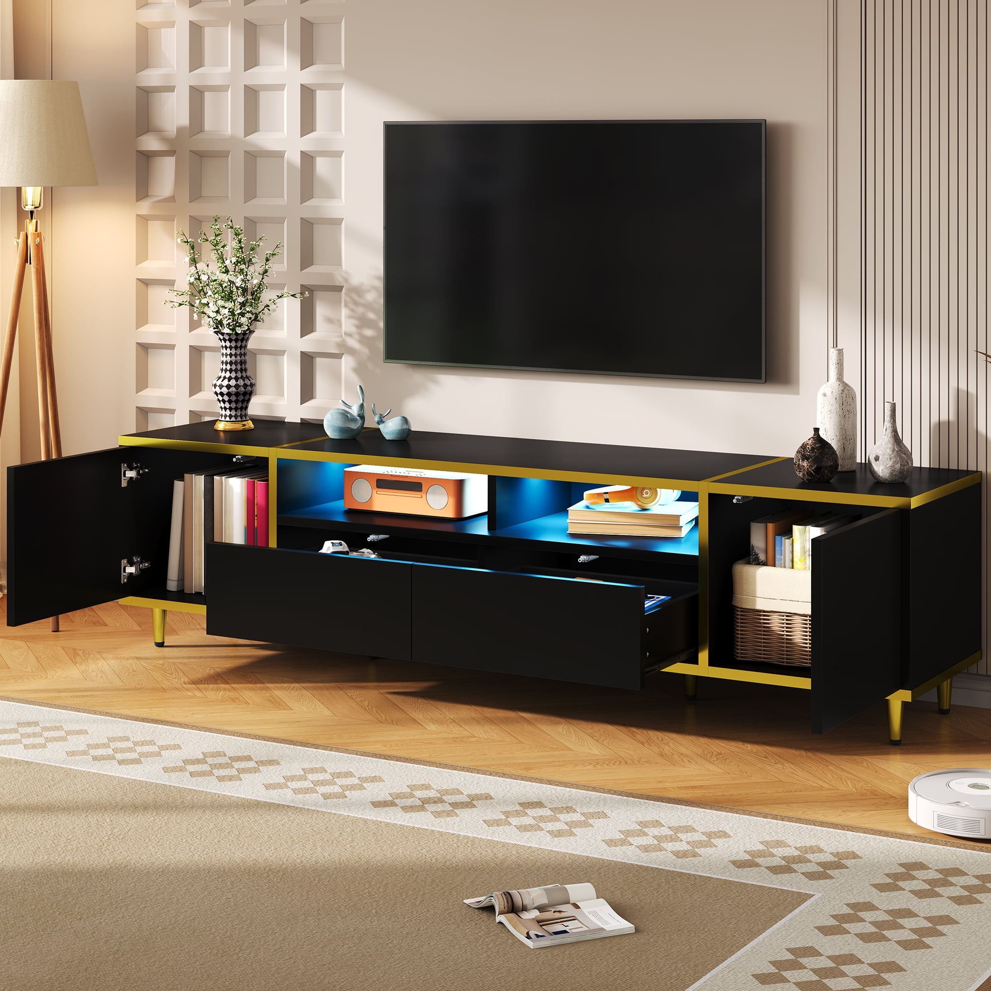Euroco Modern LED TV Stand with Storage Cabinets, Drawers, Golden Accents & App-Controlled Lighting