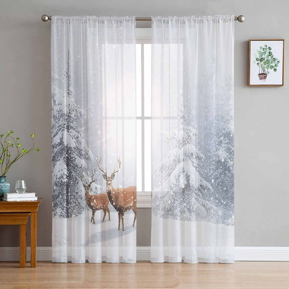 Christmas Sheer Curtains 84 Inches Long, Winter Deer Pine Trees Nature Snow Scene Light Filtering Window Curtains for Living Room/Bedroom, Rod Pocket Voile Sheer Curtain Drapes, 52"W x 84"L, 2 Panels