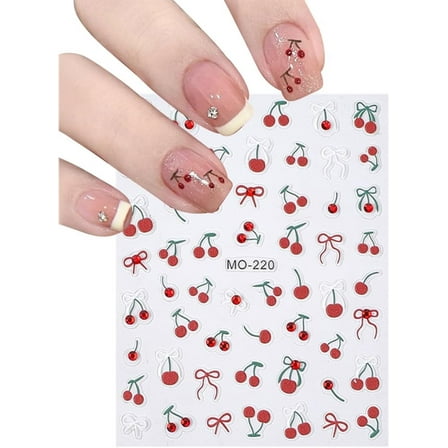 PET Plastic Rhinestone Embossed Nail Art Stickers Cherry Bowknot Pattern Self-Adhesive Manicure Decals Charms for Women Nail Tips Decorations FireBrick 9.2x7x0.1cm 1pc