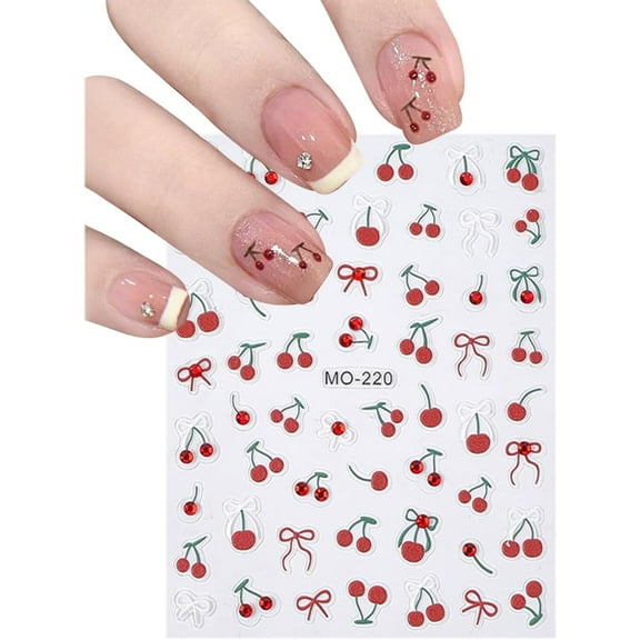 PET Plastic Rhinestone Embossed Nail Art Stickers Cherry Bowknot Pattern Self-Adhesive Manicure Decals Charms for Women Nail Tips Decorations FireBrick 9.2x7x0.1cm 1pc