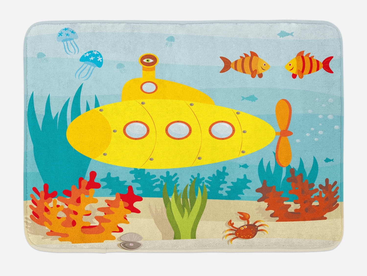 Yellow Submarine Bath Mat, Sea Life Theme with Submarine Fish and a