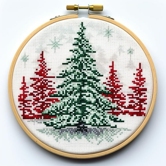 White Snow Red Green Christmas Tree Stamped Cross Stitch Kits for Beginners Easy with Hoop 11CT Needlepoint Embroidery DIY Counted Cross Stitch Kits Art Craft Wall Decor 35x35cm(4)