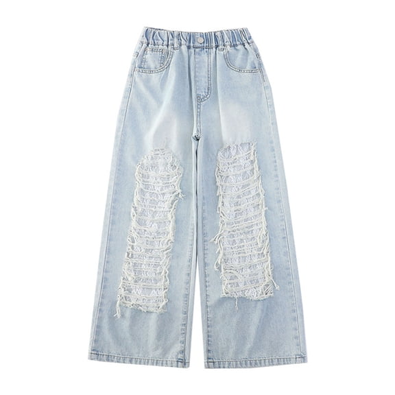 PLHWHYQ Distressed Denim Pants For Girls Straight Leg Loose Fit Casual Summer Trousers Thin Comfortable Long Jeans Light Blue 6-7 Years