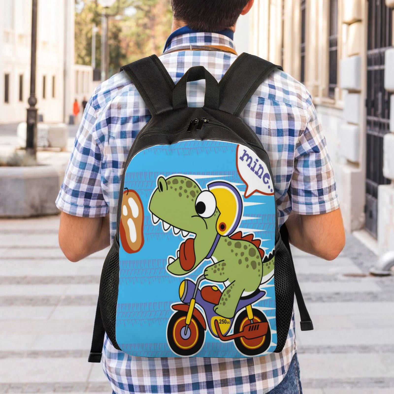 Xecao Dinosaur Riding a Motorcycle Print School Backpack with Laptop Compartment Small Travel Laptop Backpack for Women Men Waterproof College Backpack Simple School Bag