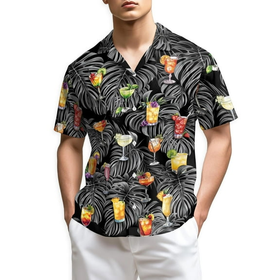 Netecom Bartender Cocktails Hawaiian Shirt for Men, Tropical Style, Button Down Summer Beach Short Sleeve, S-5XL