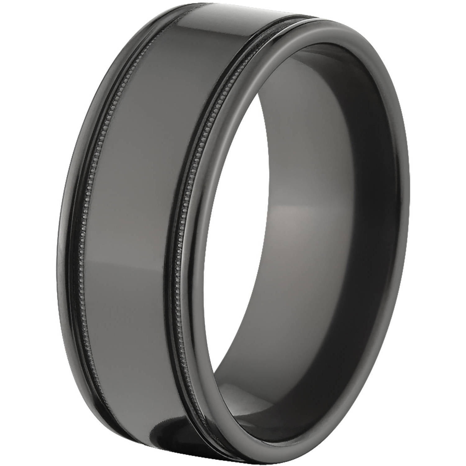 8mm Flat Black Zirconium Ring with Two Grooves and a Raised Center