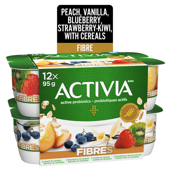 Activia Probiotic Yogurt, Fibre, Peach/Blueberry/Vanilla/Strawberry-Kiwi, 12 x 95 g