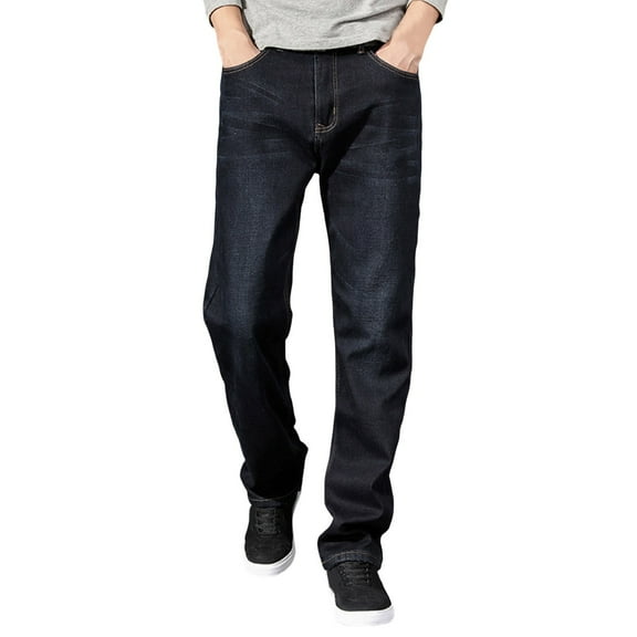 Men's Jeans Male Fleece Warm Lined Winter Straight Leg Denim Thermal Snow Trousers Pants for Men Black 32