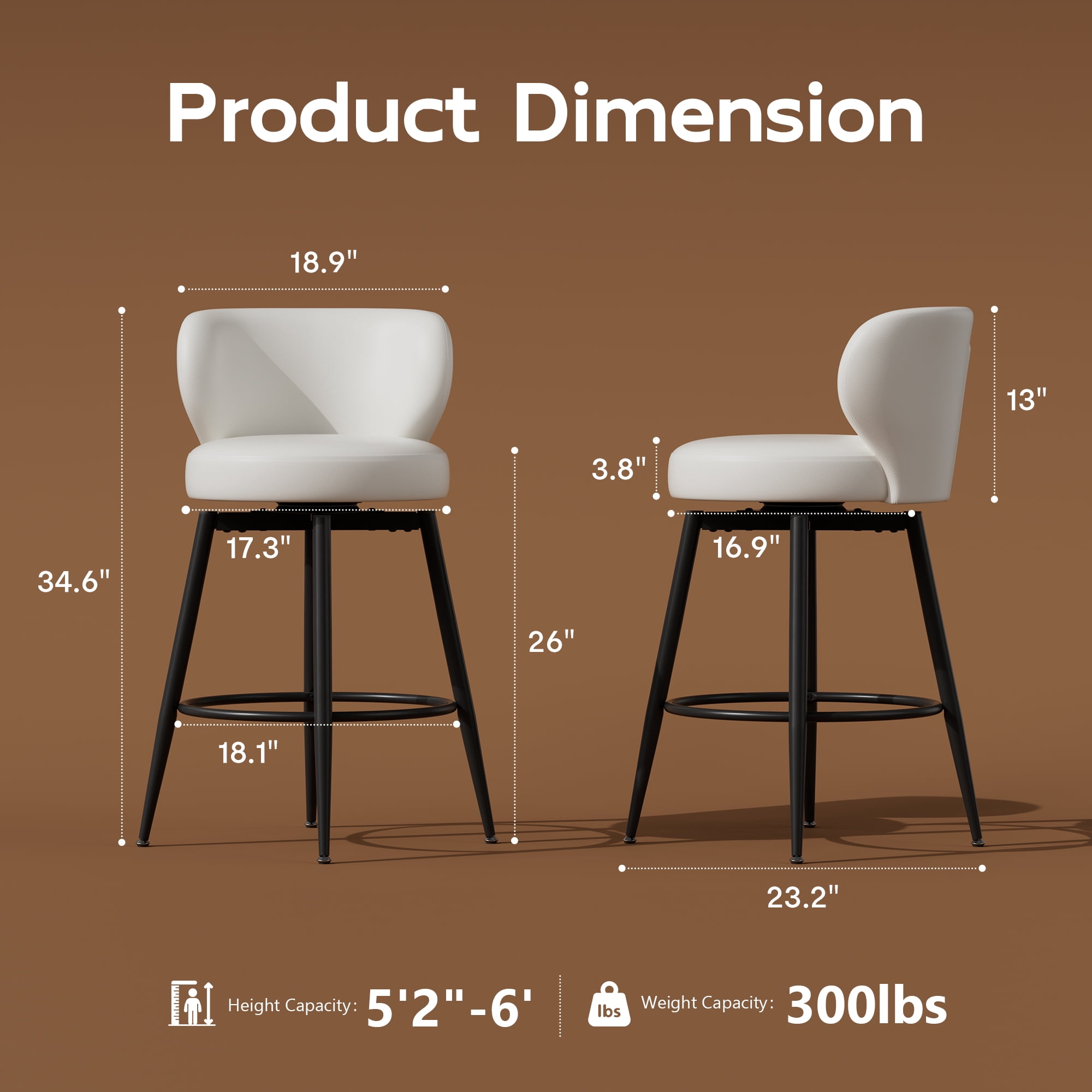 Homezeer 26" Bar Stools Set of 4, Low Back Counter Height Bar Stools with Round Seat, PU Leather Swivel Bar Chair for Kitchen, White