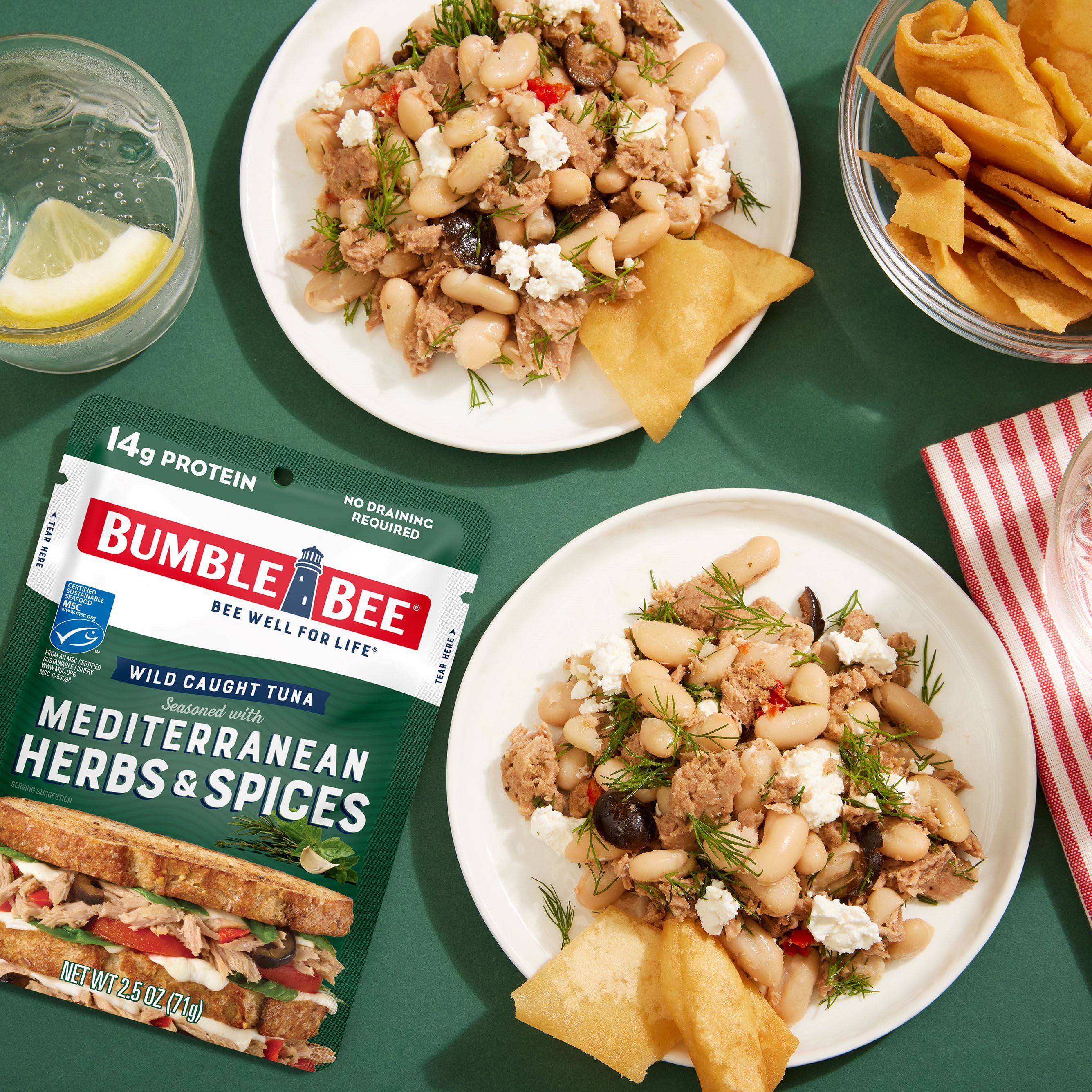 (12 pack) Bumble Bee Mediterranean Herbs & Spices Seasoned Light Tuna, Wild Caught, Gluten Free, 14g Protein per Serving, Ready to Eat, Shelf Stable Pouch, 2.5 oz