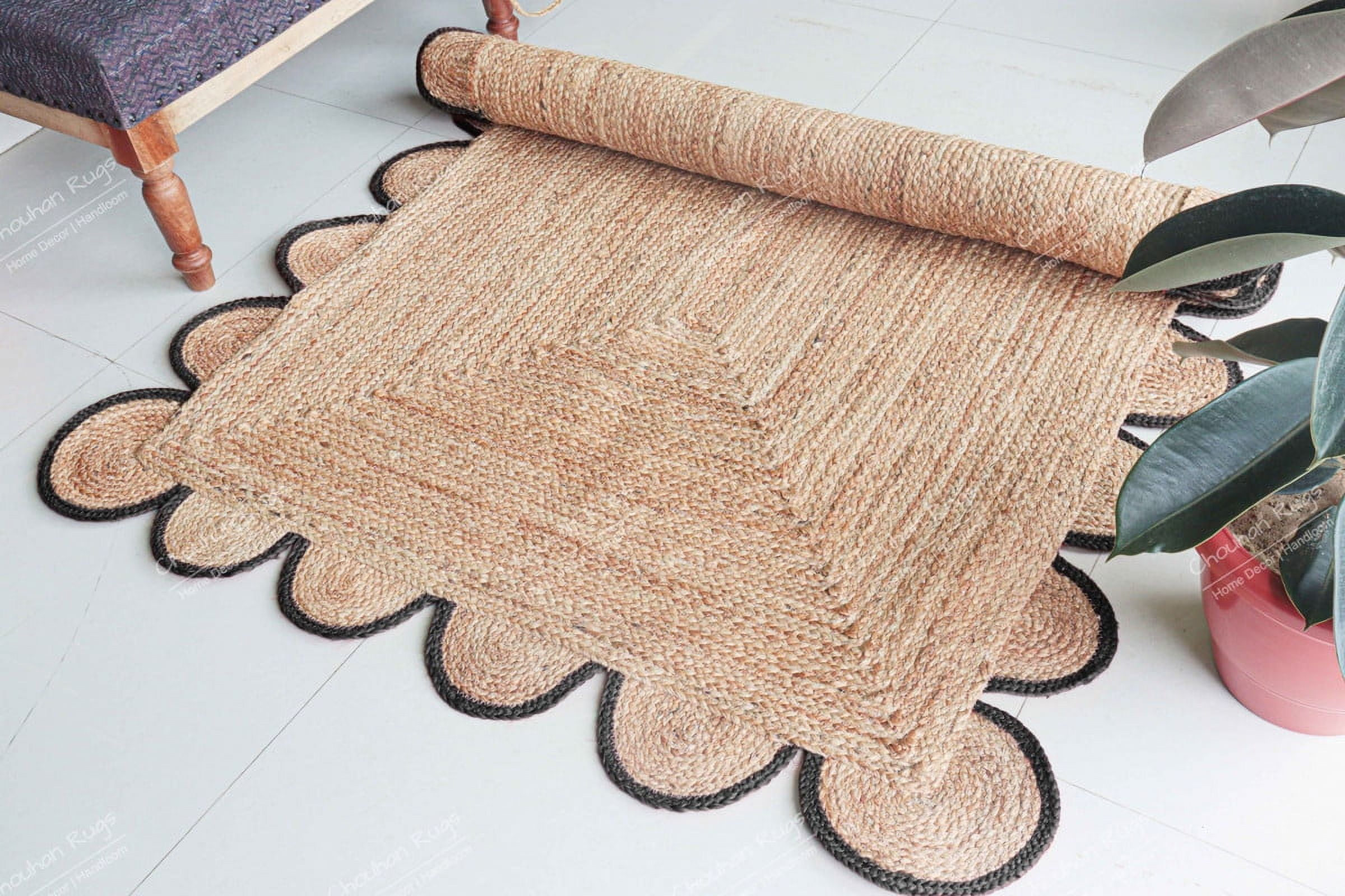 Chouhan Rugs Natural Jute Dark Grey Scalloped Rug Bohemian Rug Decor Rug Handwoven Rug Custom Rug Decorative Rug