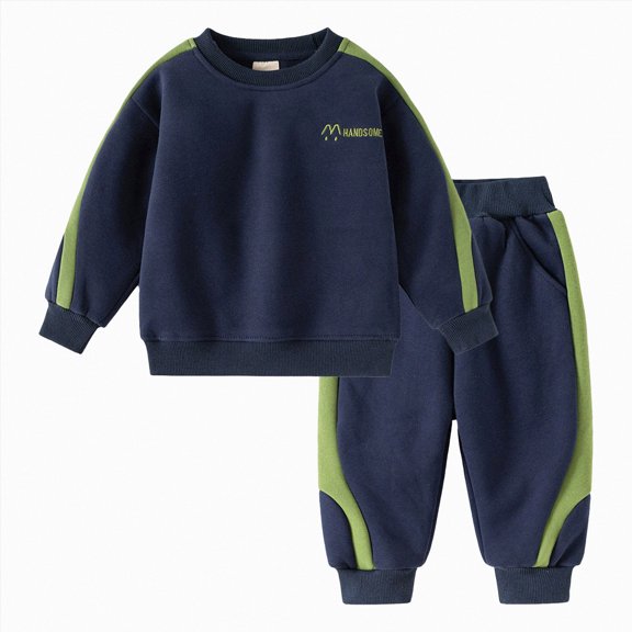 NOLDARES Toddler Boys Outfit Set Long Sleeve Printed Crewneck Cotton T-Shirt Jogger Pants Soft Warm Fall Winter 2 Piece Clothes Size:4-5 Y,Navy