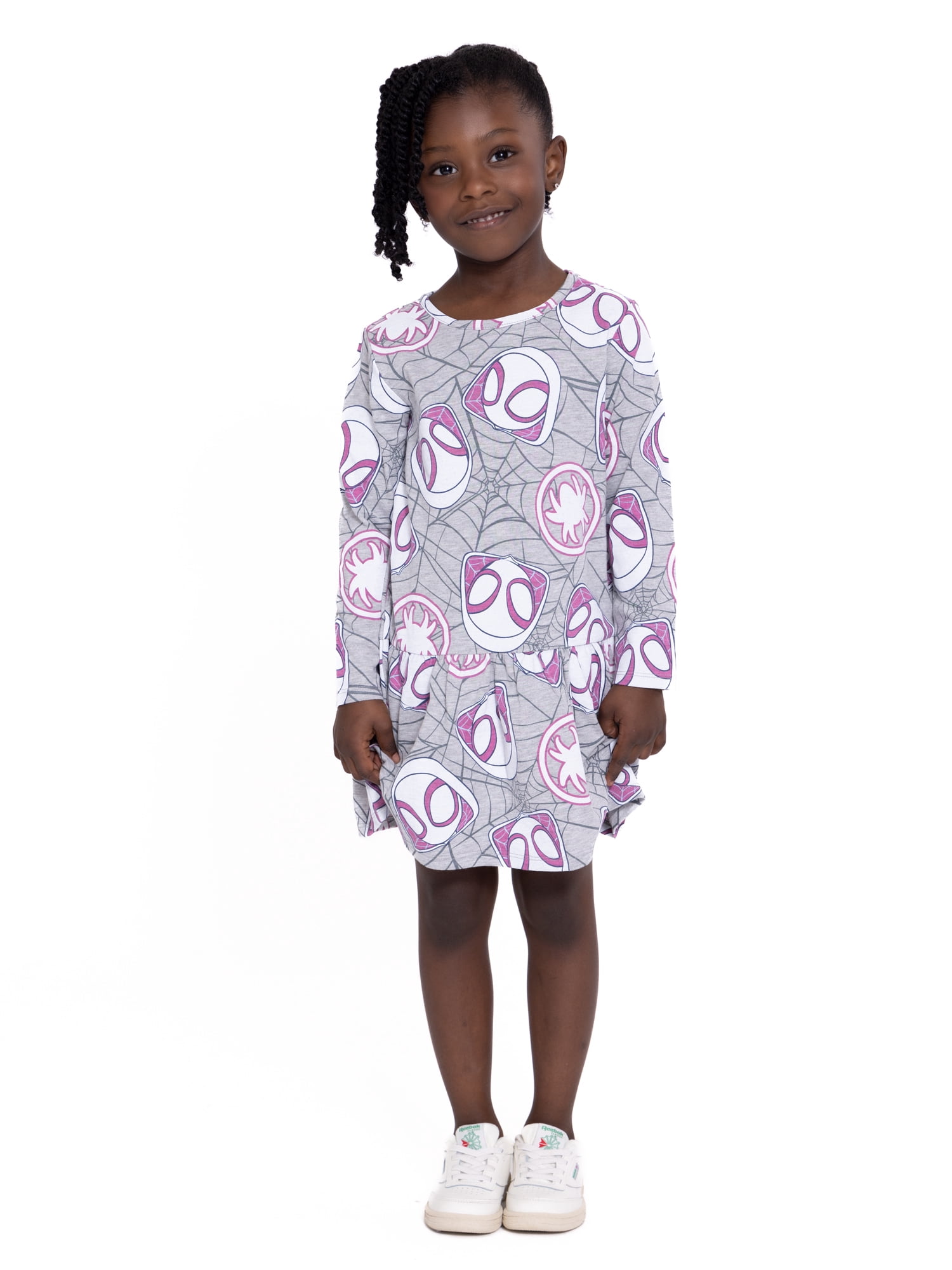 Marvel Ghost Spider Toddler Girl Long Sleeve Drop Waist All Over Print Dress, Sizes 12M-5T