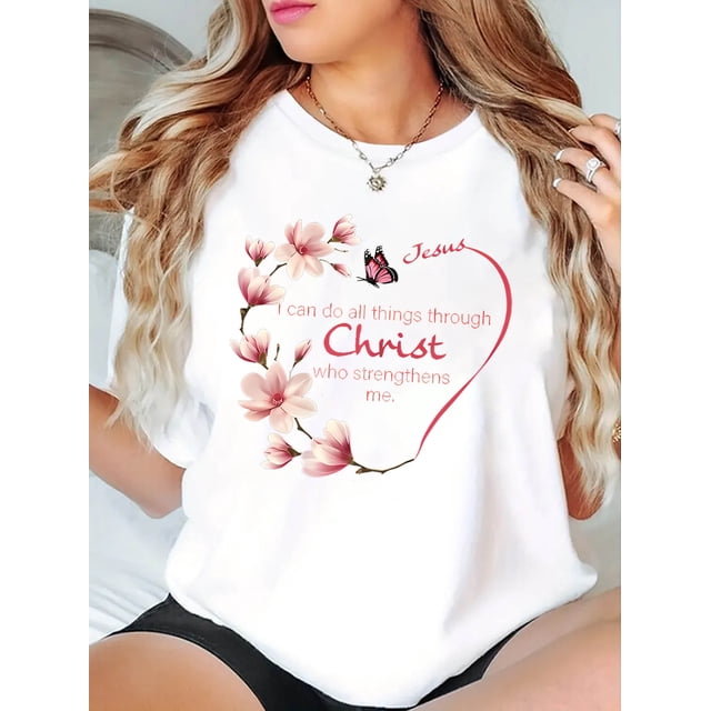 Camiseta gráfica inspiradora para mujer, mezcla de algodón, cuello redondo informal, tejido de punto de elasticidad media, con diseño floral y mariposas en forma de corazón, ideal para todas las estac