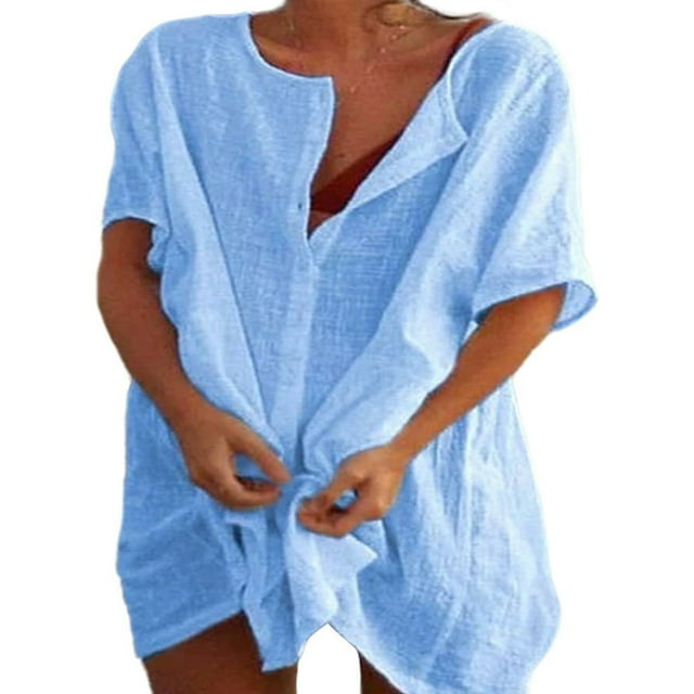 Robe Décontractée Ample Grande Taille pour Femmes Manches Courtes Boutons Robe Chemise de Plage