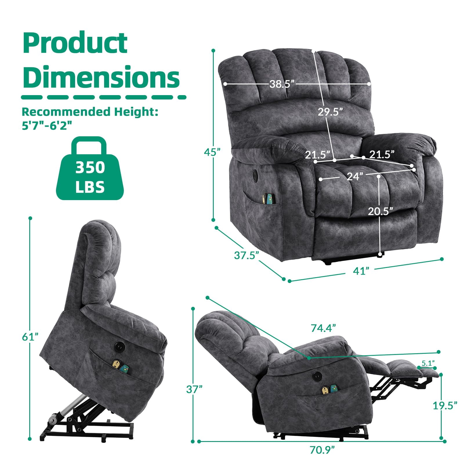 VIVIJASON Large Power Lift Recliner Chair with Heat & Massage for Elderly Big People, Overstuffed Wide Electric Lift Chair with Extended Footrest, 2 Remote Controls, Side Pockets & USB Ports, Gray