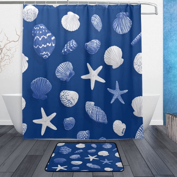 TTYFWHD 60" x 72" Shower Curtain and Bath Mat Set Fresh Coastal Seashell Pattern Waterproof Bathroom Curtain with 12 Hooks, Bathroom Decor Set