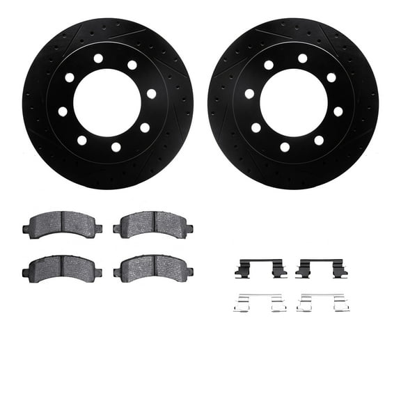Dynamic Friction Company Rear Brake Rotors-Drilled and Slotted-Black with Heavy Duty Brake Pads includes Hardware 8212-48013