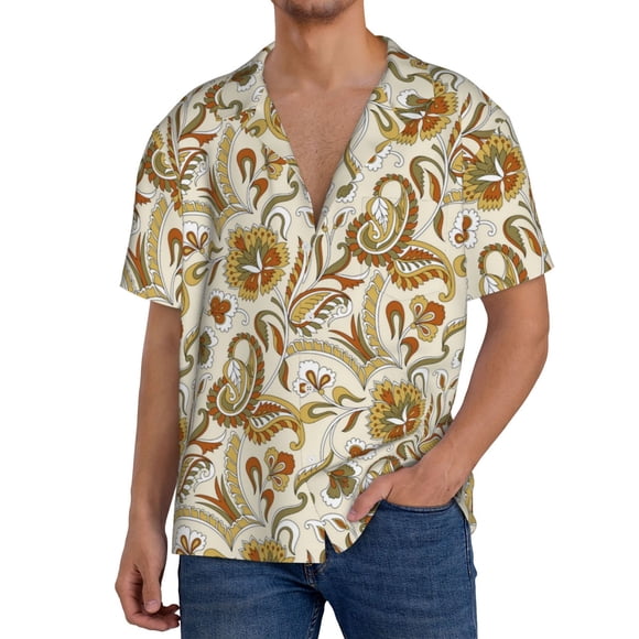 Vsdgher Indian Paisley Print Men's Cuban Shirt, Hawaiian Shirts, Business Casual Button Down Shirts, Short Sleeve Shirt-Large