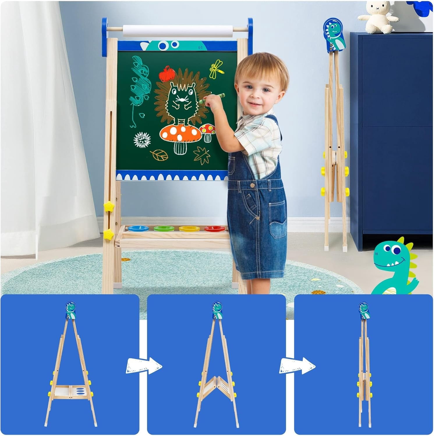 Kids Wooden Art Easel with Paper Roll,Foldable Double-Sided Easel with Whiteboard & Chalkboard,Height-Adjustable Drawing Board for Girls Boys Toddlers Aged 3-5/4-8,Ideal Gift for Christmas,Birthday