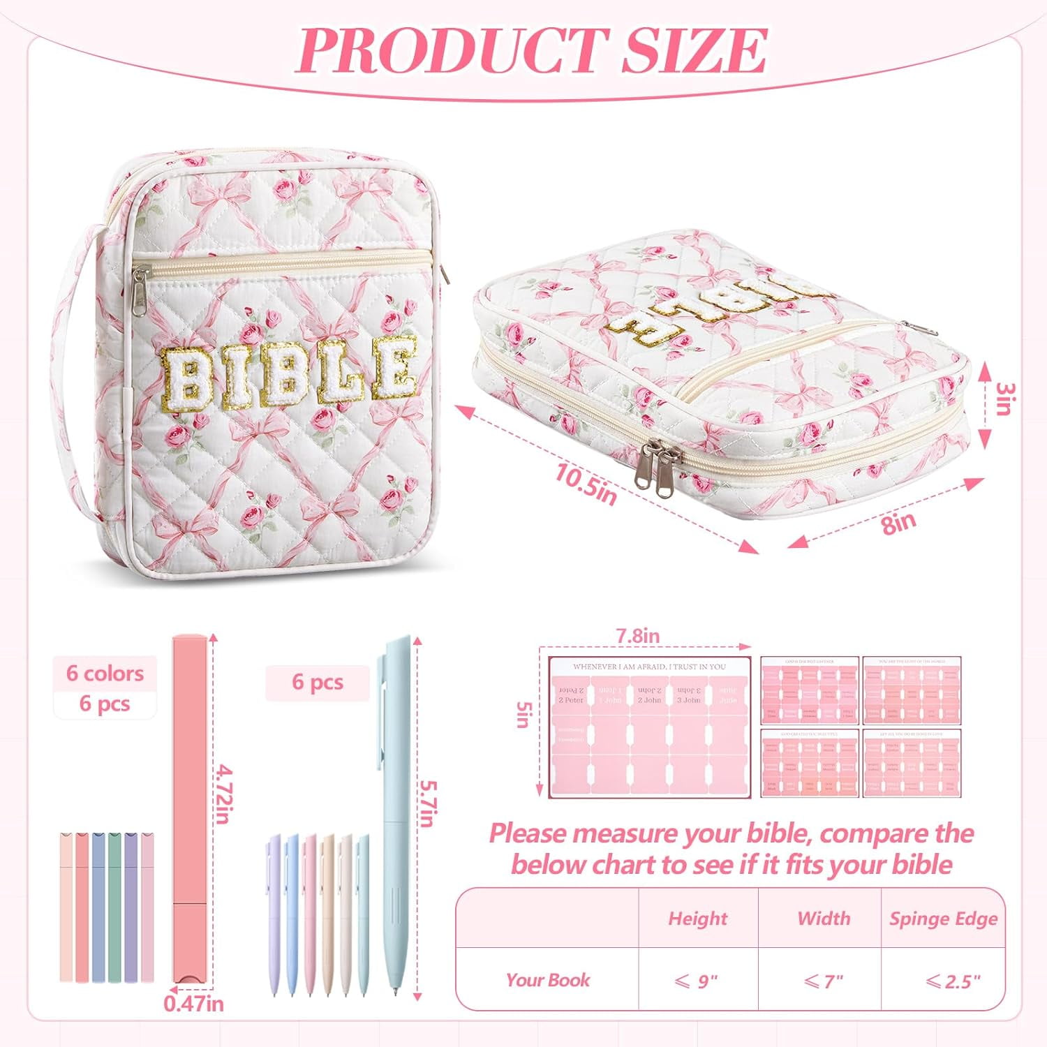 Quilted Bible Cover Case for Women Large Carrying Bag Book Tote Bags Bible Bag with Handle Bible Study Supplies Christian Gifts  for Church Religious with Organizer Tabs 6 Colored Pens 6 Highlighters