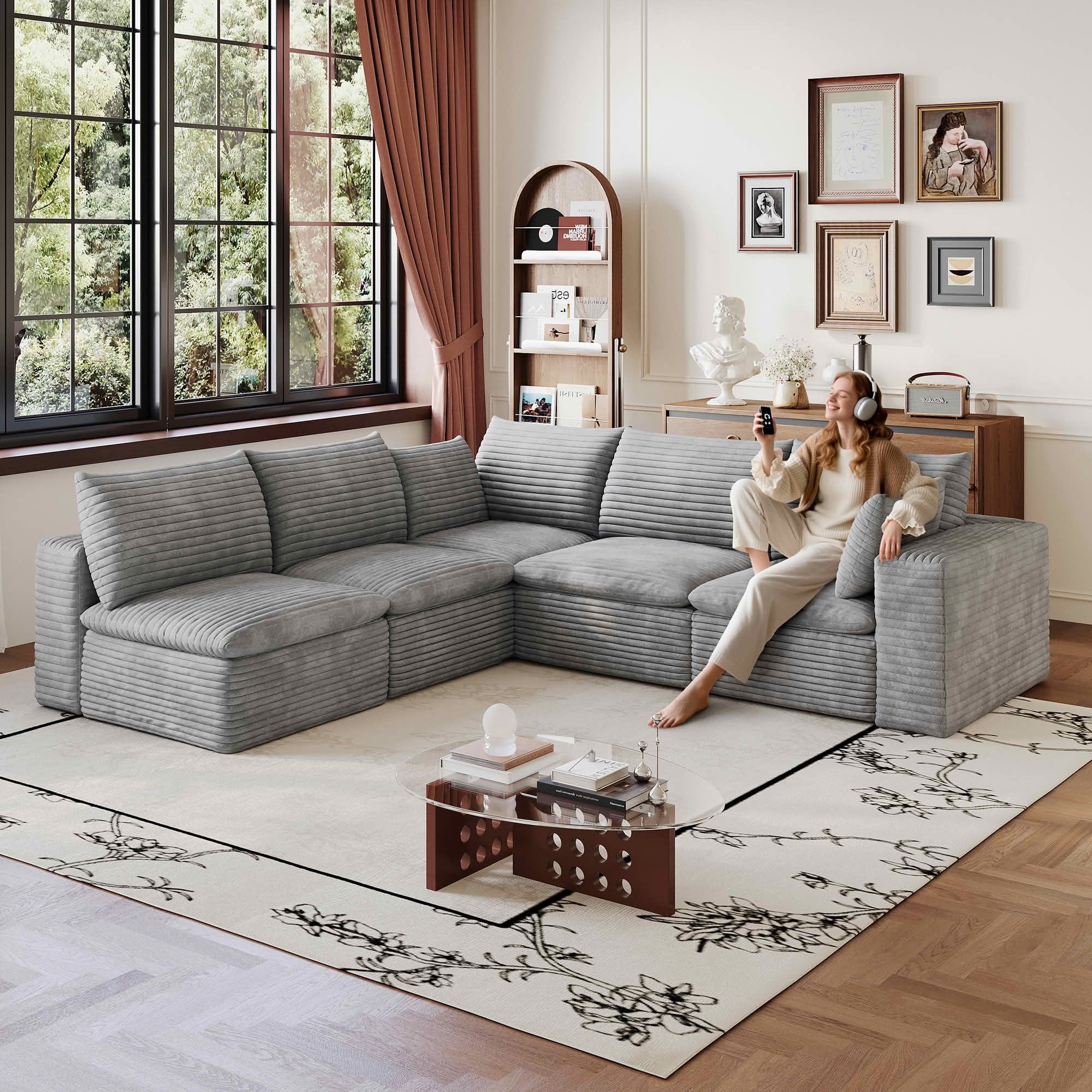 MAYEERTY 99*103" Corduroy Cloud Sofa, Modular Deep Seat Couch with Removable Cushion & Double-Layer Design, No Assembly Leisure Sofa for Home & Office