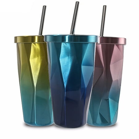 Double-Walled Vacuum Insulated Stainless Steel Water Bottle Tumbler Cup With Straws, 500ml Vacuum-Sealed Tumbler Straw Cups Drinking