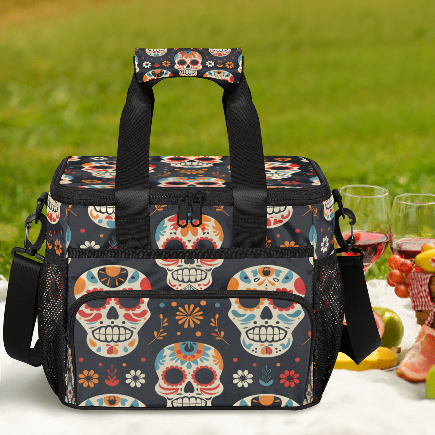 Herdesigns Sugar Skull Floral Large Lunch Box for Adults Women Men with Adjustable Shoulder Strap, Insulated Reusable Lunch Bag Leakproof Cooler Tote Bag