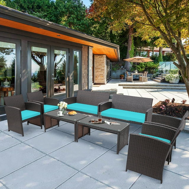 Costway Ensemble de Mobilier de Patio en Rotin 8 Pcs Chaise, Sofa et Table avec Coussins Turquoise