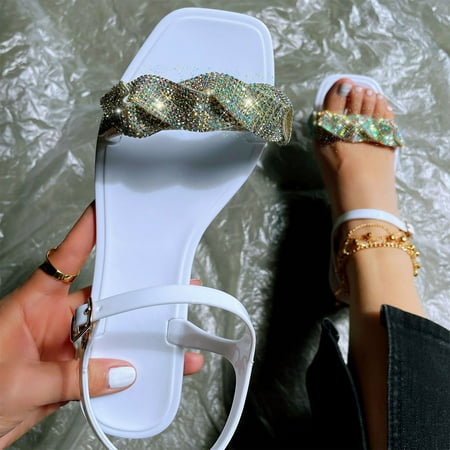 

CHGBMOK Summer Sandals for Women Flat Slip On Sandals Crystal Roman Shoes Open Toe Casual Sandals