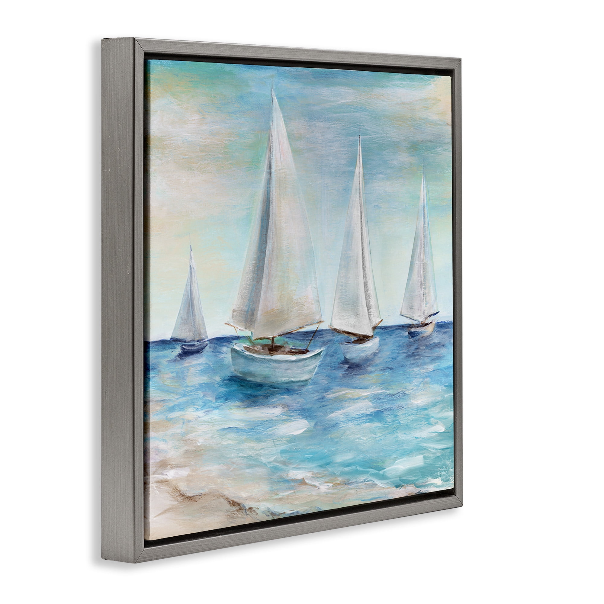 Stupell Industries Sailboats Floating Peacefully Nature Painting Gray Floater Framed Canvas Art Print Wall Art, 18 x 18