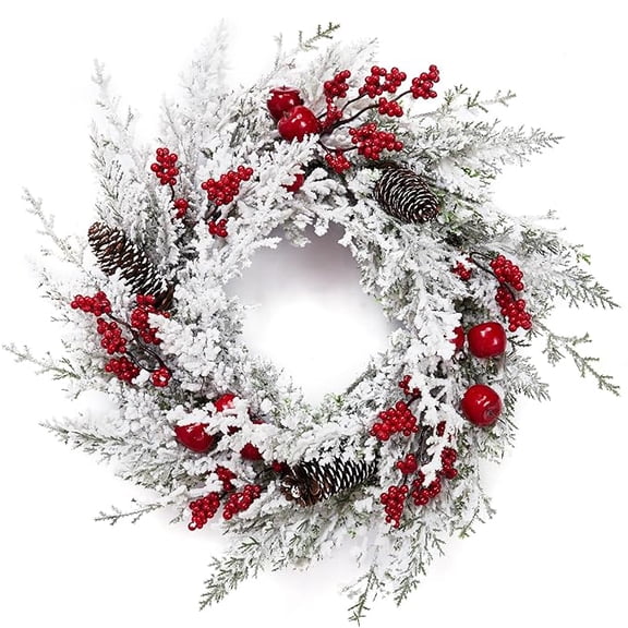 Christmas Wreath 18" Door Wreath with Frost Winter Wreath with Big Pine Cone Red Berries Christmas Reef for Indoor Outdoor Wreaths for Table Fireplaces Porch Walls Window Wreaths Home Decor