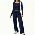 thumbnail image 2 of FRSASU Women's 2 Piece Outfits Lounge Sets Spring Long Sleeve Button Slim Tops Wide Leg Drawstring Pants Casual Matching Set Navy, 2 of 8